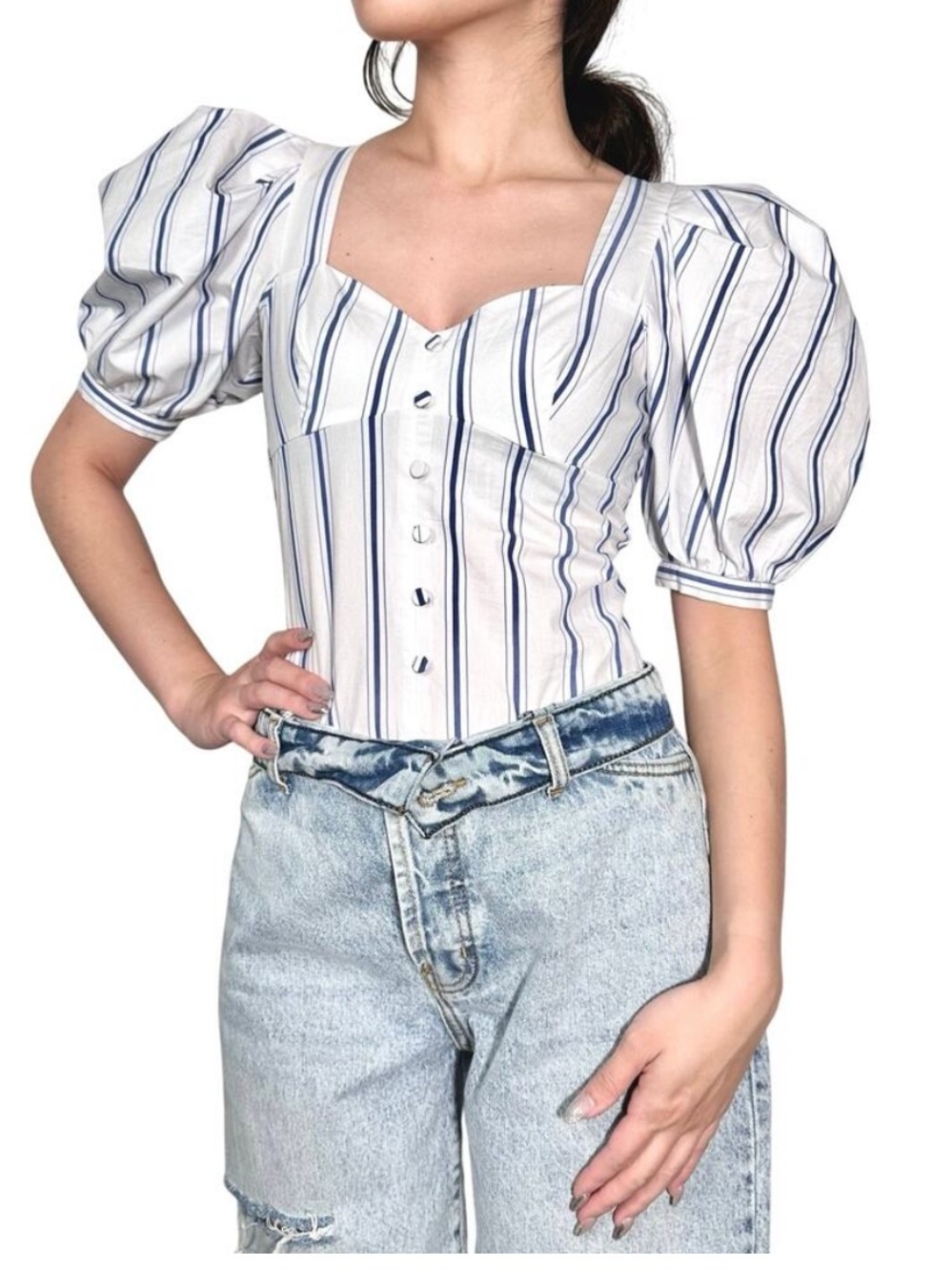 Express White/ Blue Striped Short Puff-Sleeve Button-Front Bodysuit Shirt/S/NWT